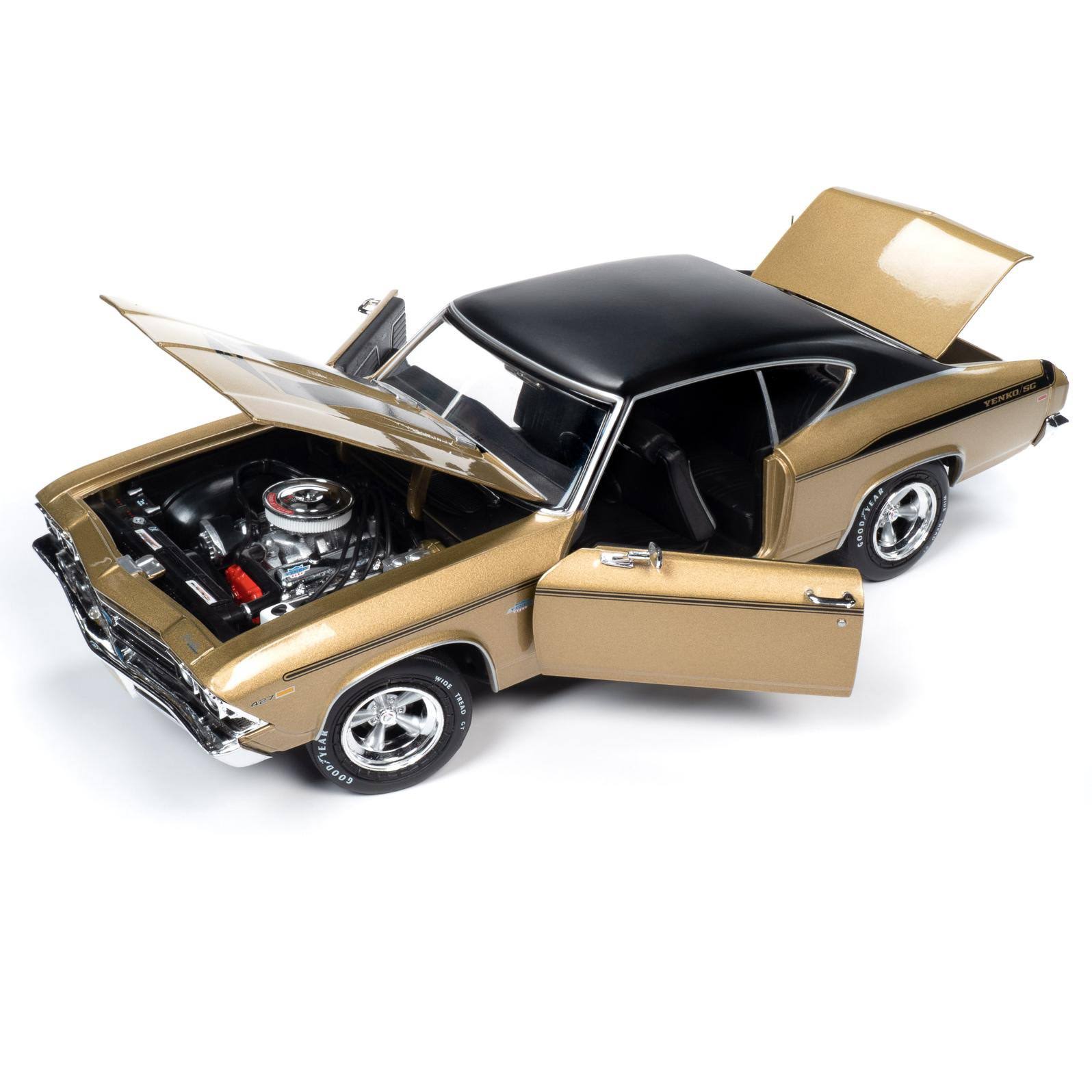 1969 Chevrolet Chevelle Yenko Hardtop Olympic Gold Metallic with Black Top and Black Stripes 1/18 Model Car by Autoworld