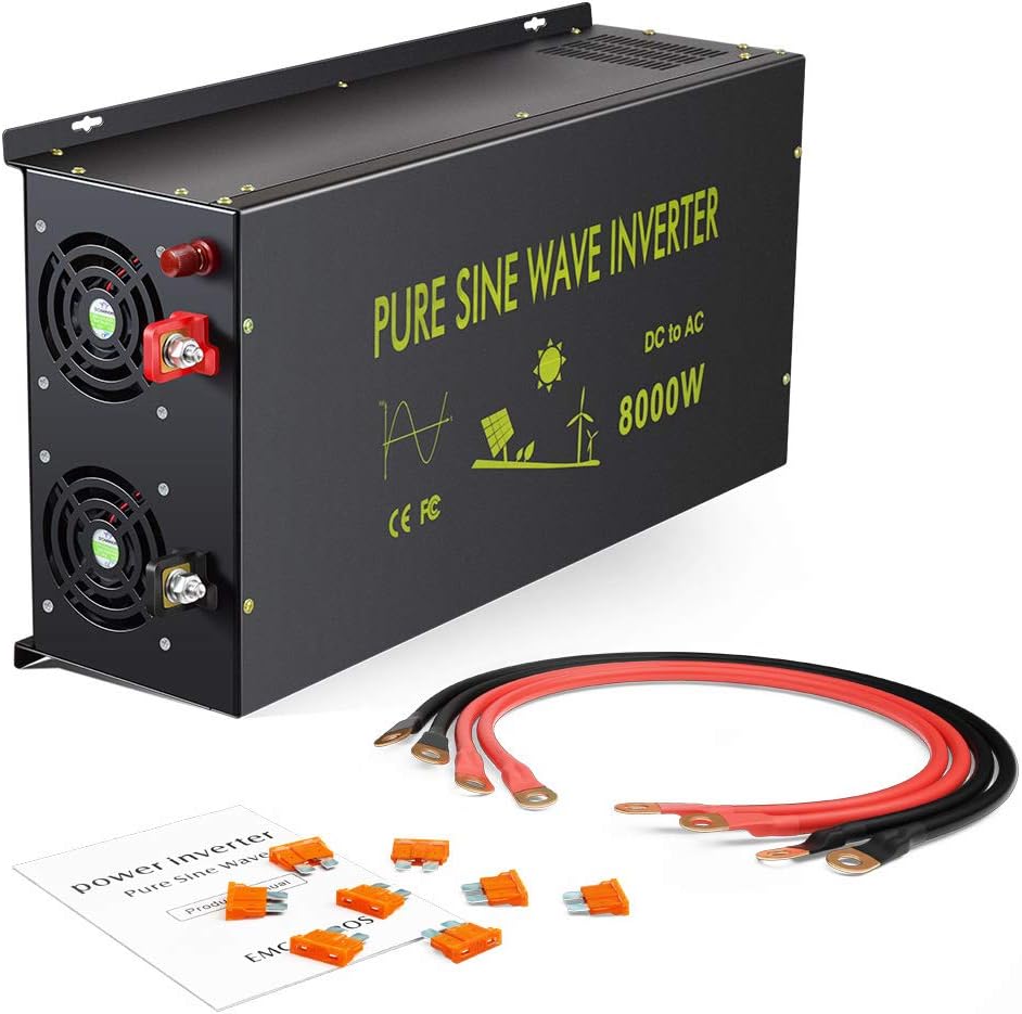 Reliable 8000W Continuous Power Heavy Duty Pure Sine Wave Power Inverter DC 48V to AC 120V with 4 AC Outlets Remote Control 66A Hardwire Terminal and LED Display for RV Car Solar System Emergency