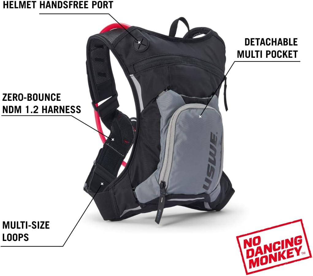 USWE Moto Hydro 3L Hydration Pack with 2.0L/ 70oz Water Bladder, a High End, Bounce Free Backpack for Enduro and Off-Road Motorcycle, Black Grey