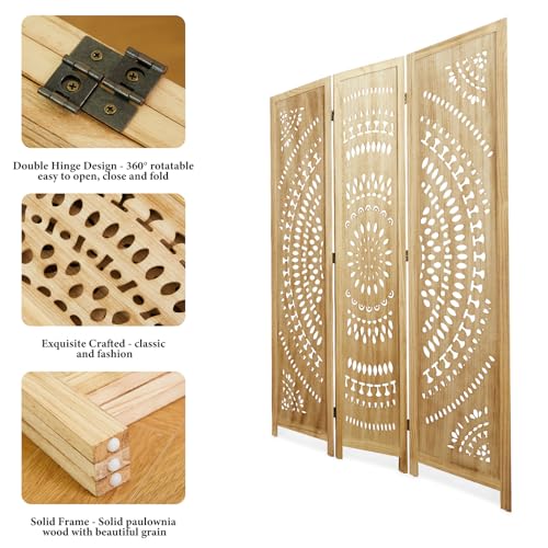 Room Divider Wood Carved Wall Divider Indoor Folding Bohemian Style Portable Partition Screen for Home Office Garden Terrace - 6 Panels (Antique, White-Washed)