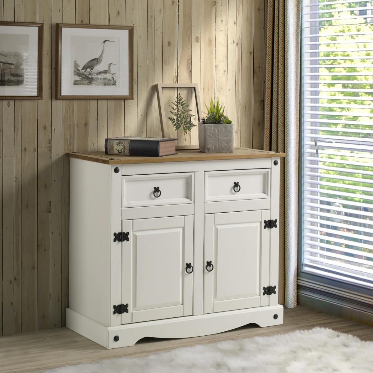 American Furniture Classics Cottage Series Wood Buffet Sideboard, White Distressed