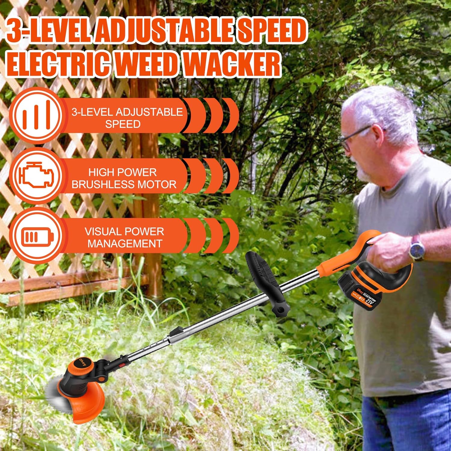 Brushless Motor Weed Eater, 3 Level Adjustable Speed Electric Weed Wacker Cordless Trimmer with Power Display, Portable Battery Powered Rechargeable Home Lawn Mower for Lawn, Yard, Garden