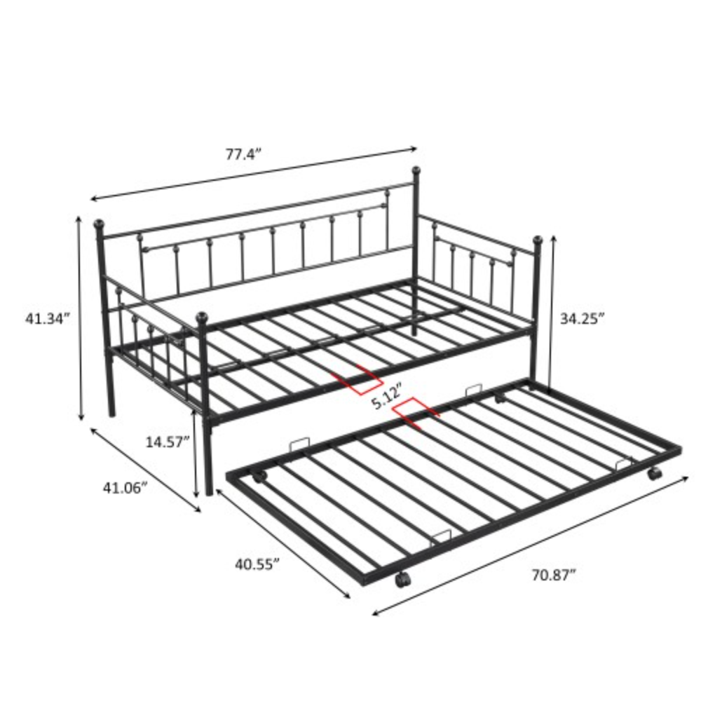 Daybed with Trundle Black + Metal