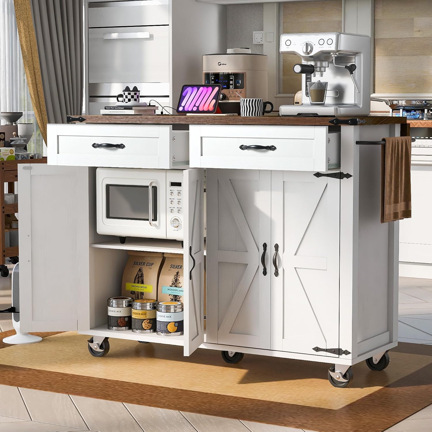 53.5''Farmhouse Kitchen Island with Power Outlet, Kitchen Storage Island with Drop Leaf, Spice Rack and Drawer, Rolling Kitchen Cart on Wheels, for Home, Kitchen and Dining Room, White