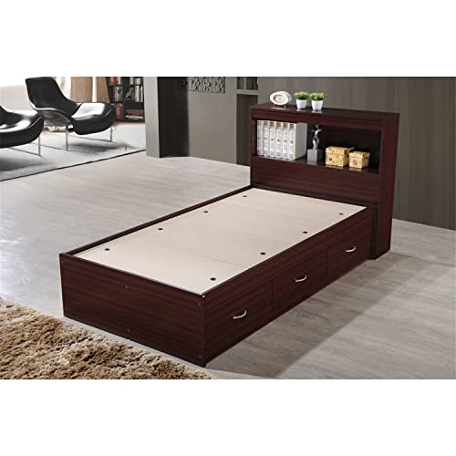 HODEDAH Twin Size Wood Platform Bed with Bookcase Headboard with 3 Drawers for Bedroom Storage Organization, Beech
