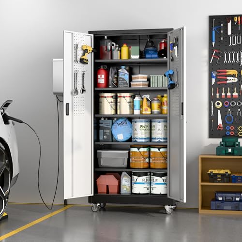 Aobabo Garage Storage Cabinet with Wheels,72" H Metal Storage Cabinet with 2 Doors and 4 Adjustable Shelves for Garage Home, Black,Required-Assembly