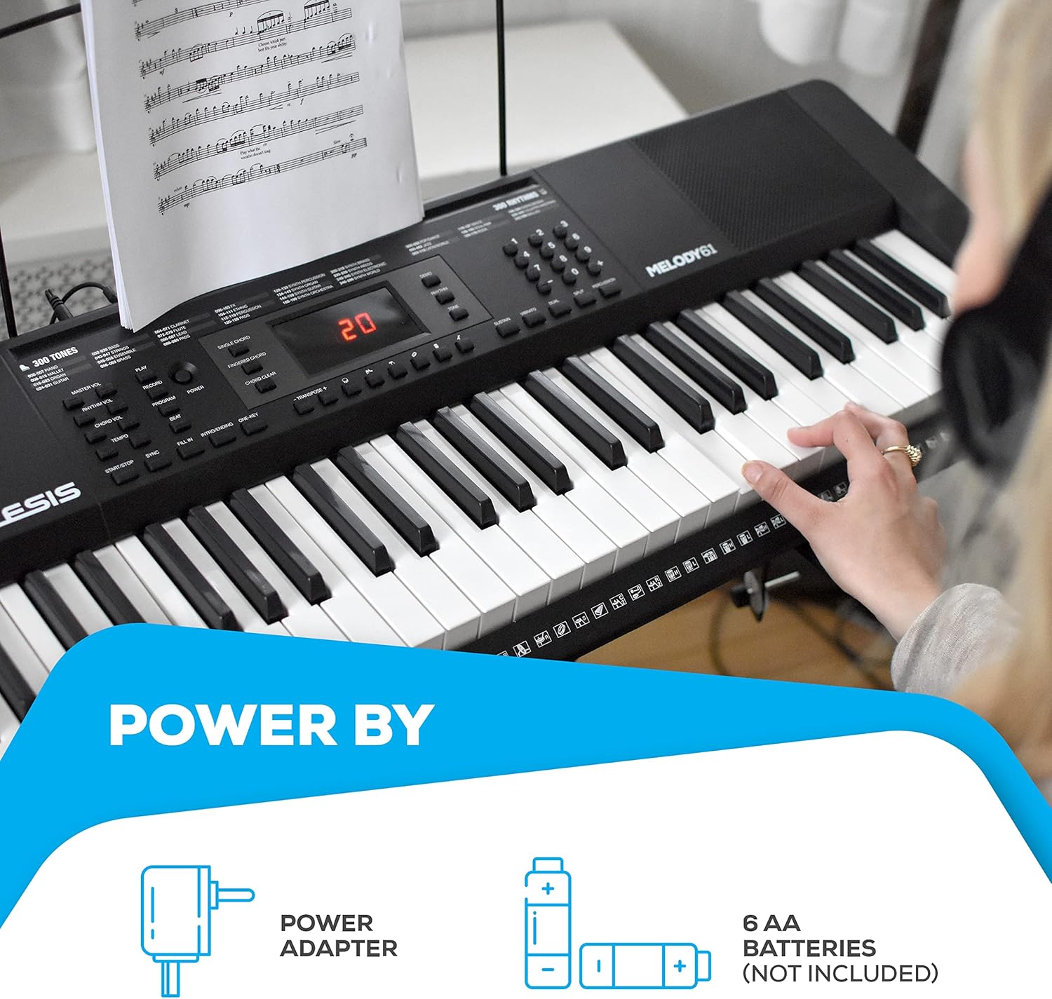 Alesis Melody 61 Key Keyboard Piano with 300 Sounds, Speakers, Digital Piano Stand, Bench, Headphones, Microphone, Music Lessons and Demo Songs