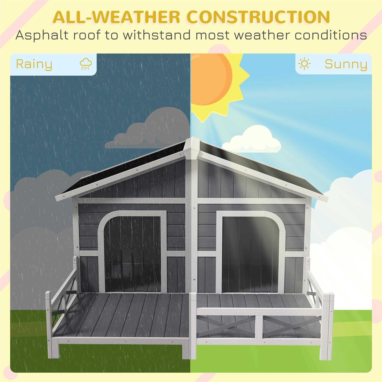 PawHut 59x64x39 Wood Large Dog House Cabin Style Elevated Pet Shelter w/Porch Deck - Pet Supplies online store