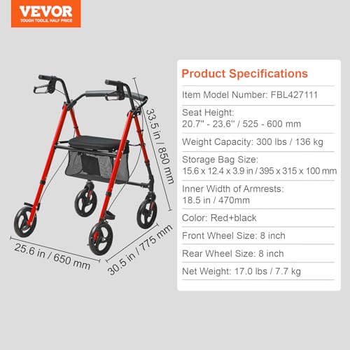 VEVOR Folding Rollator Walker for Seniors, Lightweight Aluminum Rolling Walker with Adjustable Seat and Handle, Outdoor Mobility Rollator Walker with 8" All Terrain Wheels, 300LB Support, Blue + Black