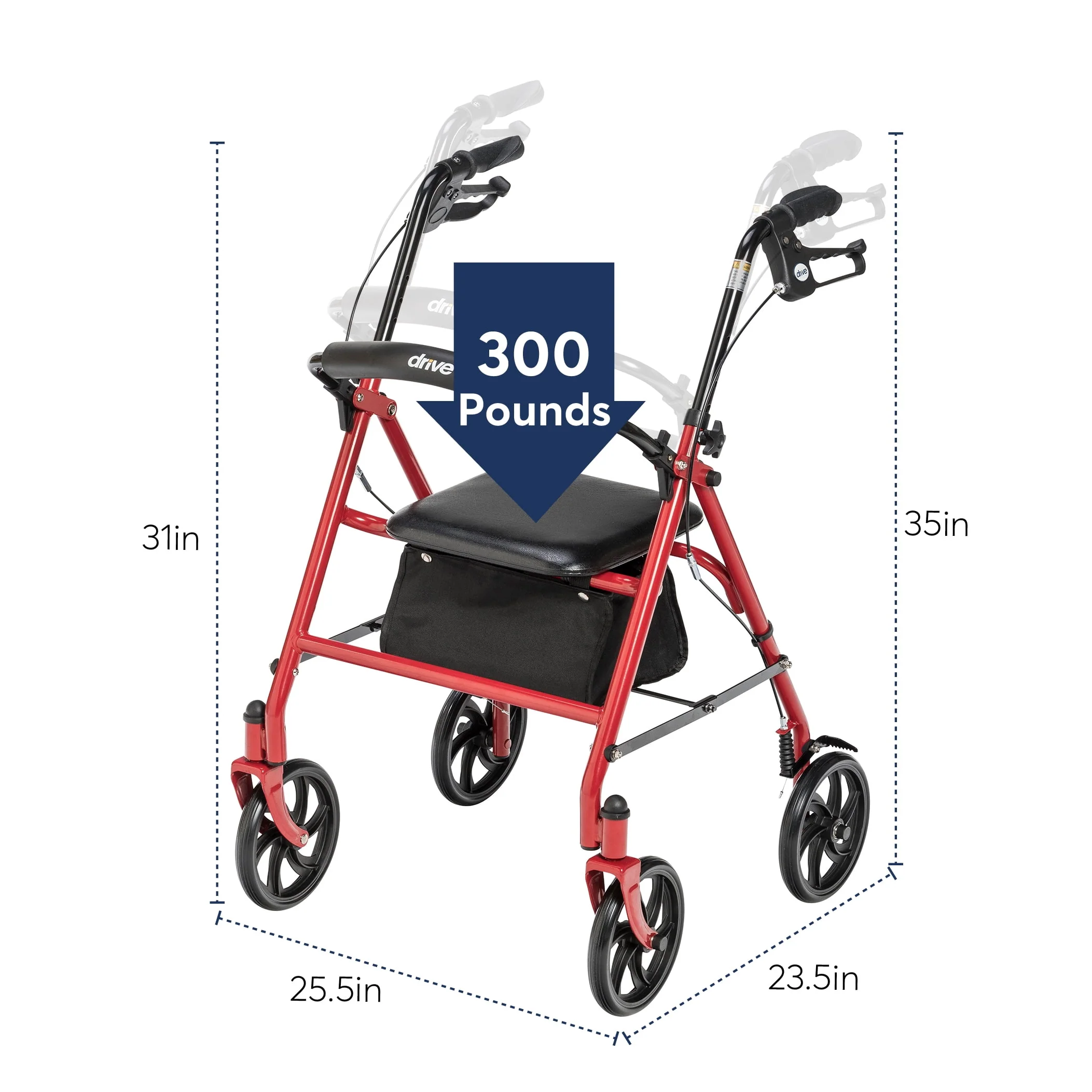 Drive Medical 10257RD-1 Durable 4-Wheel Rollator with 7.5 Casters, Red