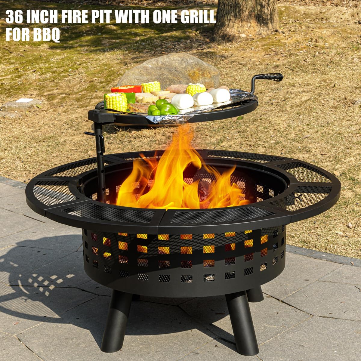 36 inch Outdoor Fire Pit with Grill, Wood Burning Firepit,for Family Gatherings Camping, Backyard, Patio,BBQ,Bonfire