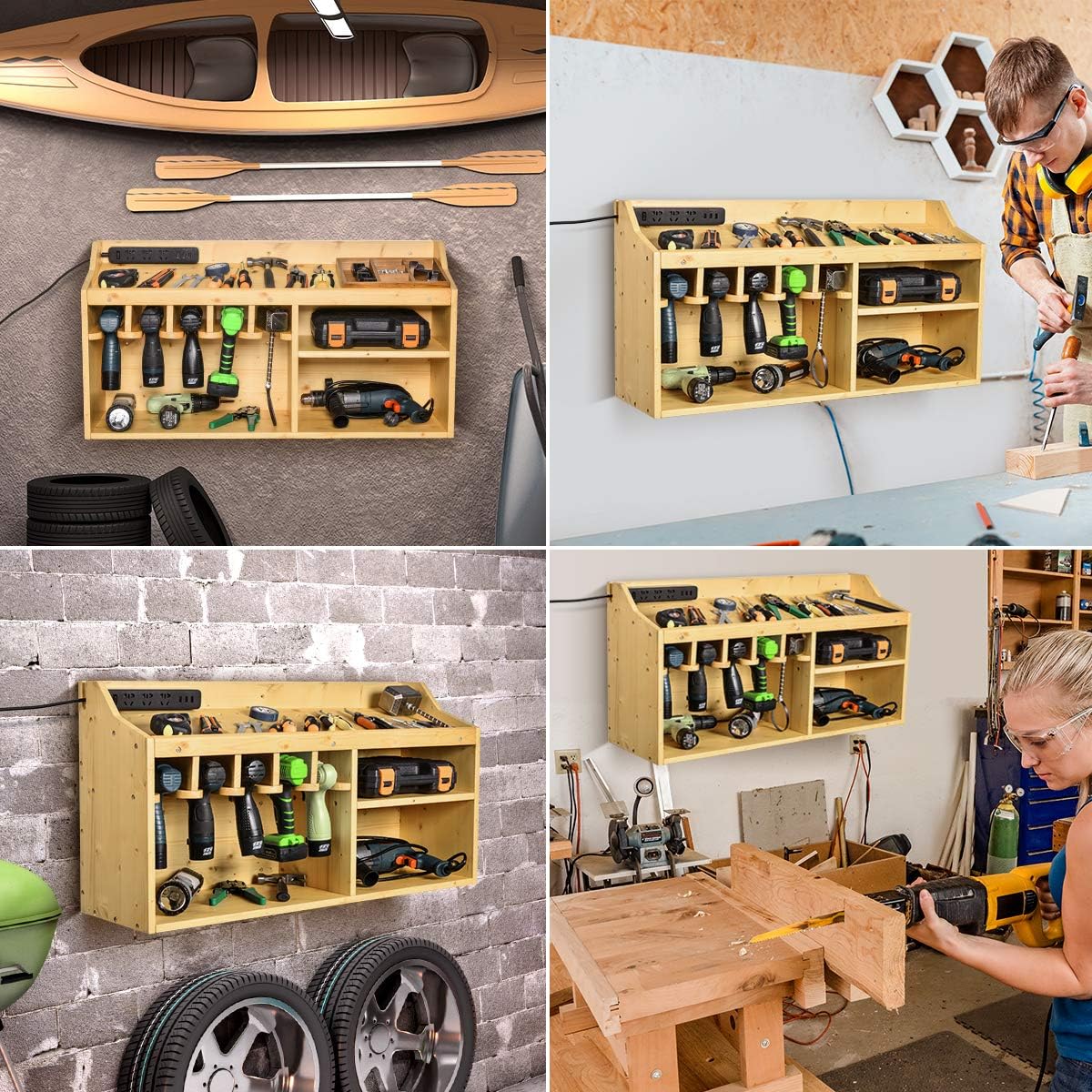 Power Tools Storage Organizers and Cabinets, Drill Charging Station, 5 Drill Hanging Slots, Wall Mount Impact Drivers Storage Dock with Widened Room for Circular Saw, Impact Wrench, Screwdriver Drill