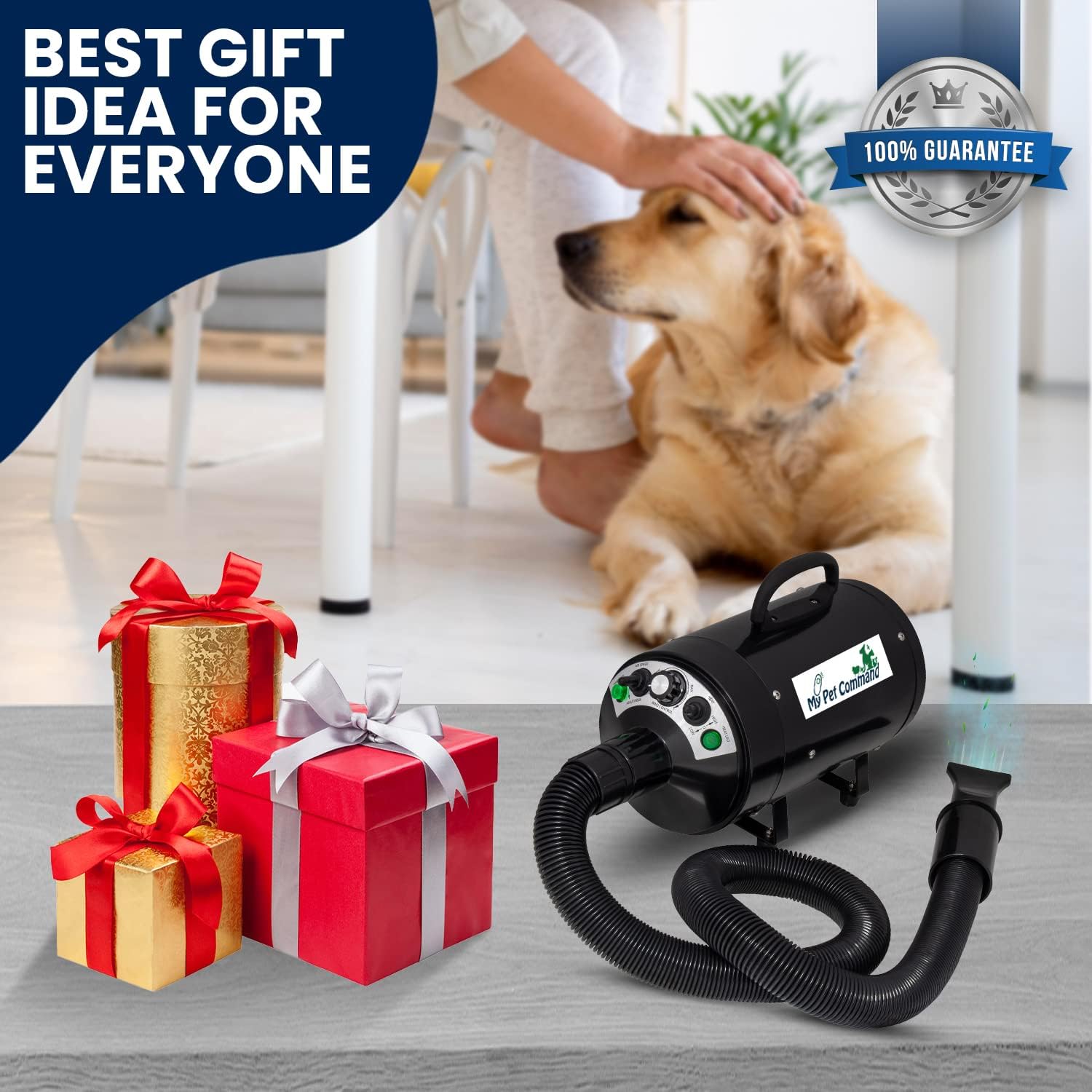 My Pet Command Dog Dryer Blower, Ultra Quiet, Professional High Velocity Blower Adjustable Hot and Cold Airflow, for Drying Deshedding with Bonus Accessories, 110V, 500W-2800W 4.5HP