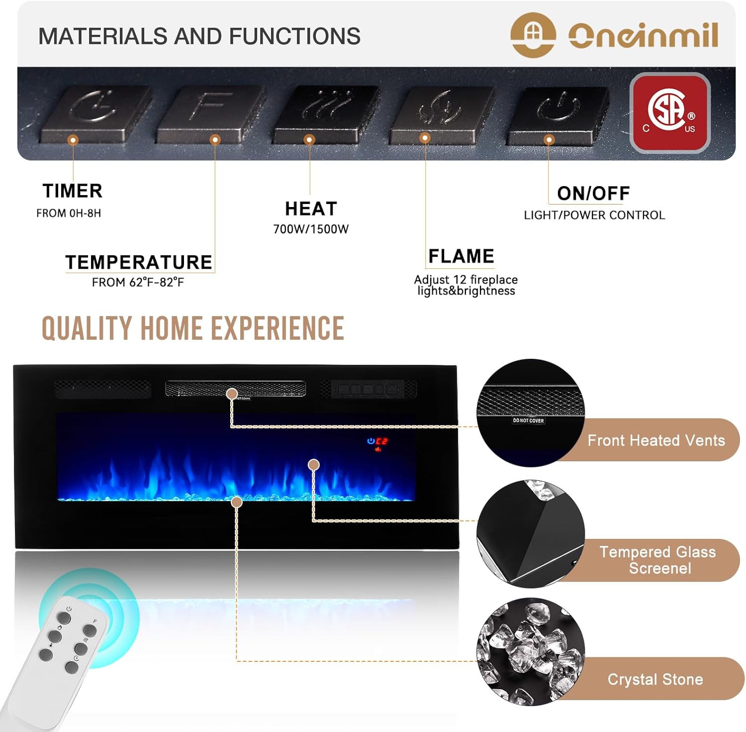 oneinmil Fireplace TV Stand with 36” Electric Fireplace, 70” Fireplace Entertainment Center LED Lights, 2 Tier TV Console for TVs Up to 80", Black