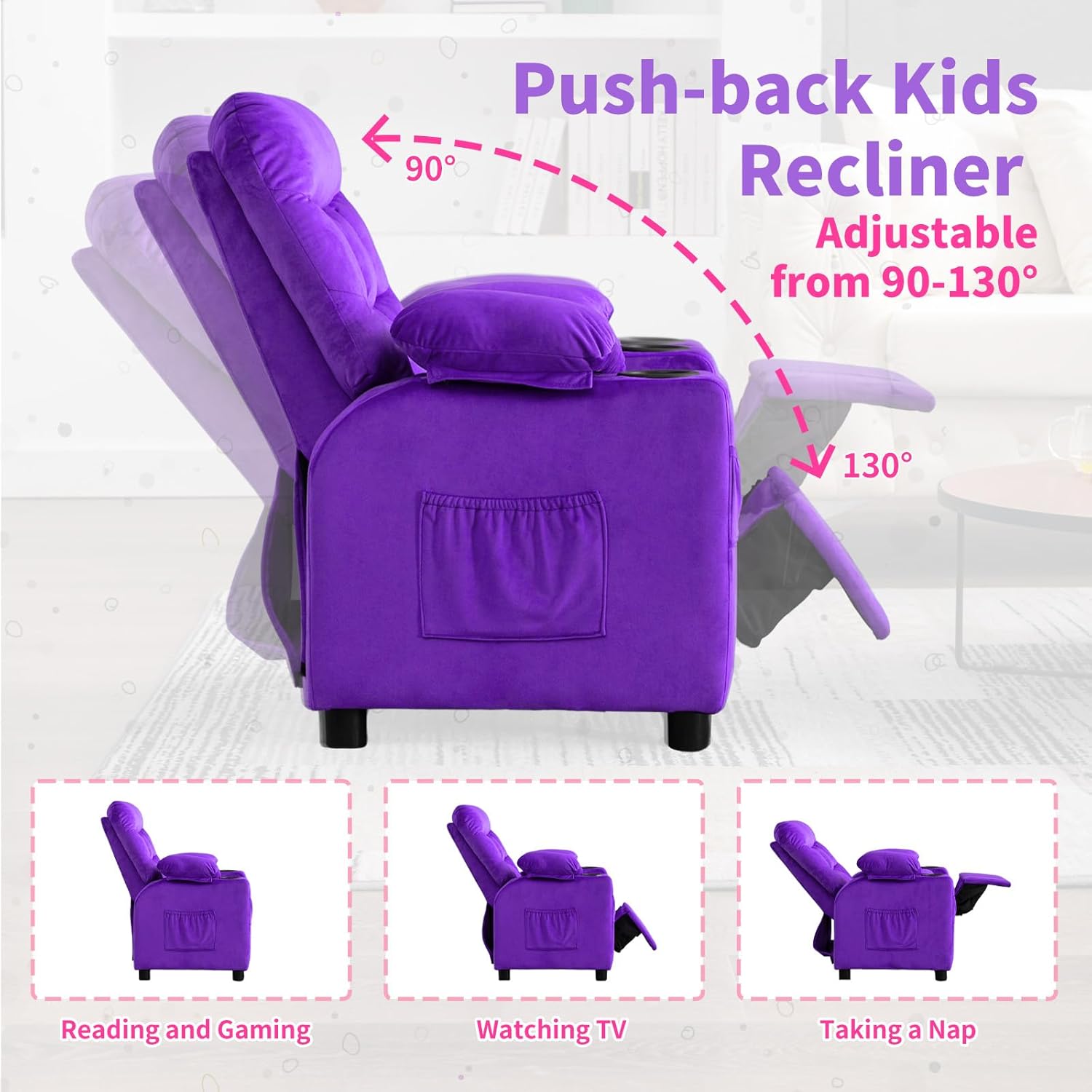 Kids Recliner, Toddlers Kids Recliner Chair with Cup Holder, Ergonomic Adjustable Velvet Lounge Chair with Footrest & Side Pockets, Toddlers Kids Baby Sofa for Boys Girls Bedroom (Purple)
