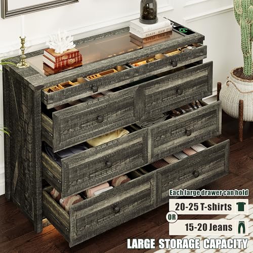 Farmhouse 8 Drawers Dresser for Bedroom, Tall Wood Chest of Drawers with LED Light/Charging Station/Human Sensor, Clothes Dressers for Closet, Living Room, Hallway, Rustic Brown
