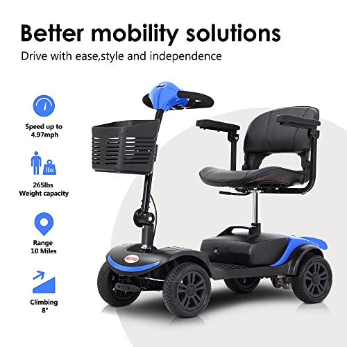 Folding Mobility Scooter - 4 Wheel Lightweight Electric Mobility Scooter for Adults - Red Powered Mobility Scooters for Seniors, Travel - Long Range Power Extended Battery with Charger and Basket