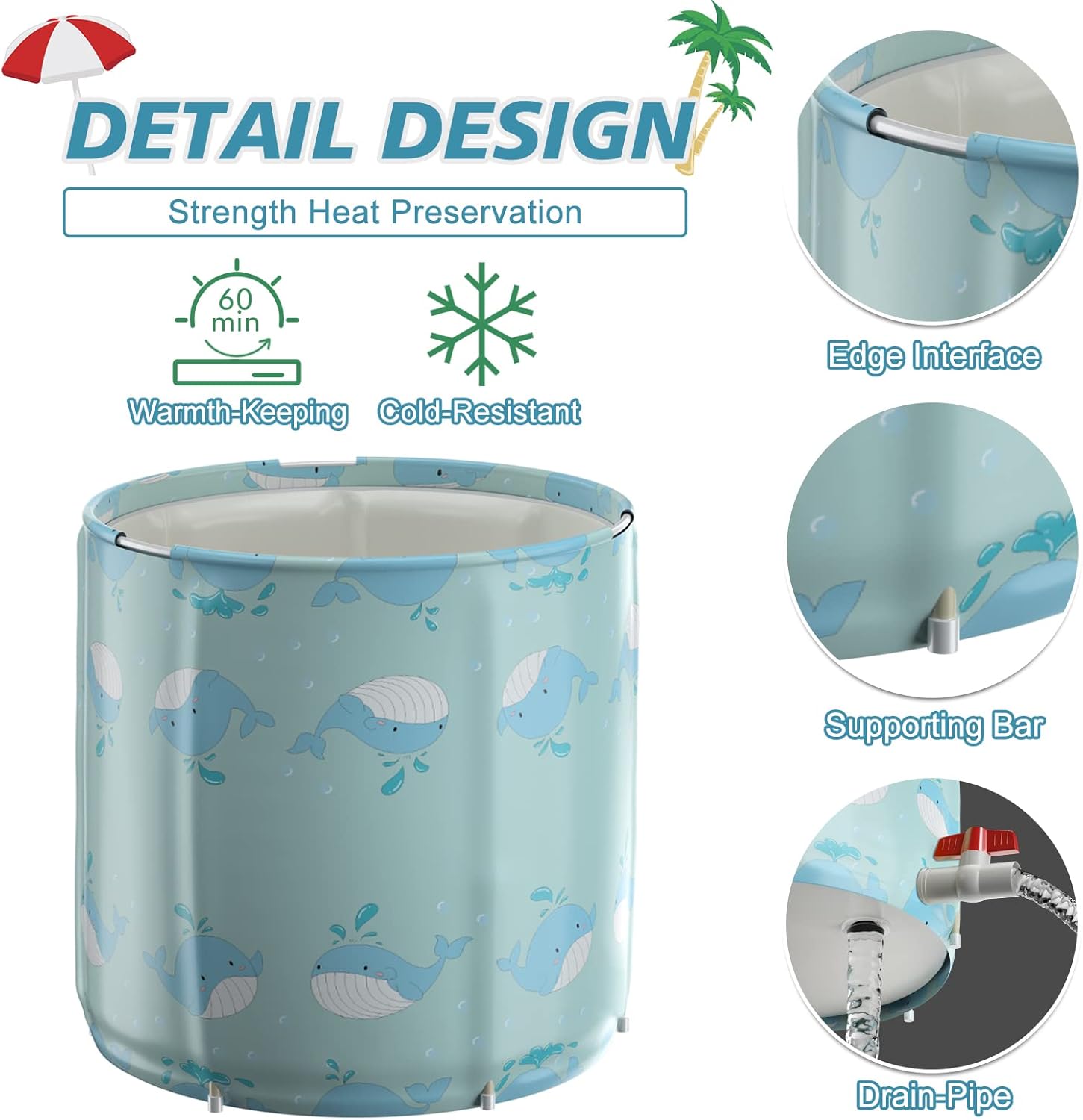 Portable Bathtub for adults, DAILYLIFE Japanese Soaking Bath Tub for Shower Stall, Foldable Bathtub with Thermal Foam, Freestanding, Folding & Soaking Spa Bath Tub with Pillow for Small Space(Dolphin)