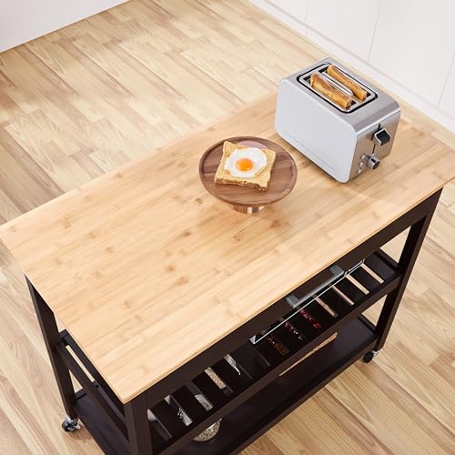 Yaheetech Kitchen Island Cart on Wheels with Bamboo Tabletop, 3-Tier Rolling Kitchen Island Microwave Cart with Drawer, Detachable Towel, 3 Hooks, 17" D x 37.5" W, White