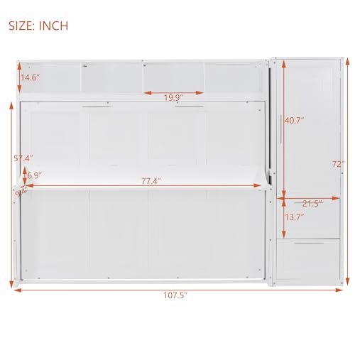 SOFTSEA Queen Size Horizontal Murphy Bed, Queen Murphy Bed with Desk Wardrobe Storage Shelf, Queen Hideaway Wall Bed with Drawers Space-Saving for Guest Room Bedroom or Office, Gray