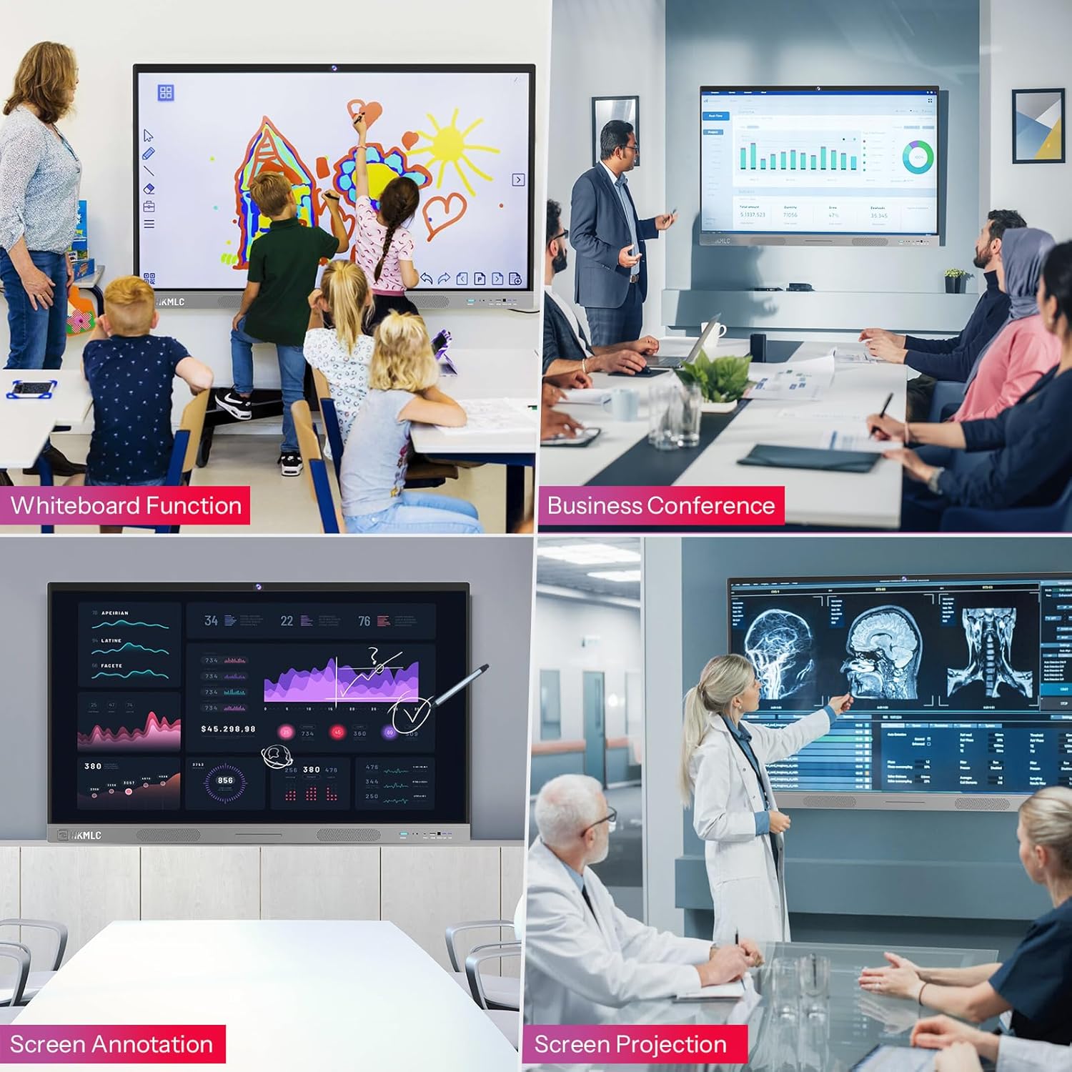 HKMLC Smart Board, 55 Inch All-in-One Interactive Whiteboard with 4K UHD Touch Screen Flat Panel, Digital Electronic Whiteboard for Classroom and Business(Whiteboard+Stand)