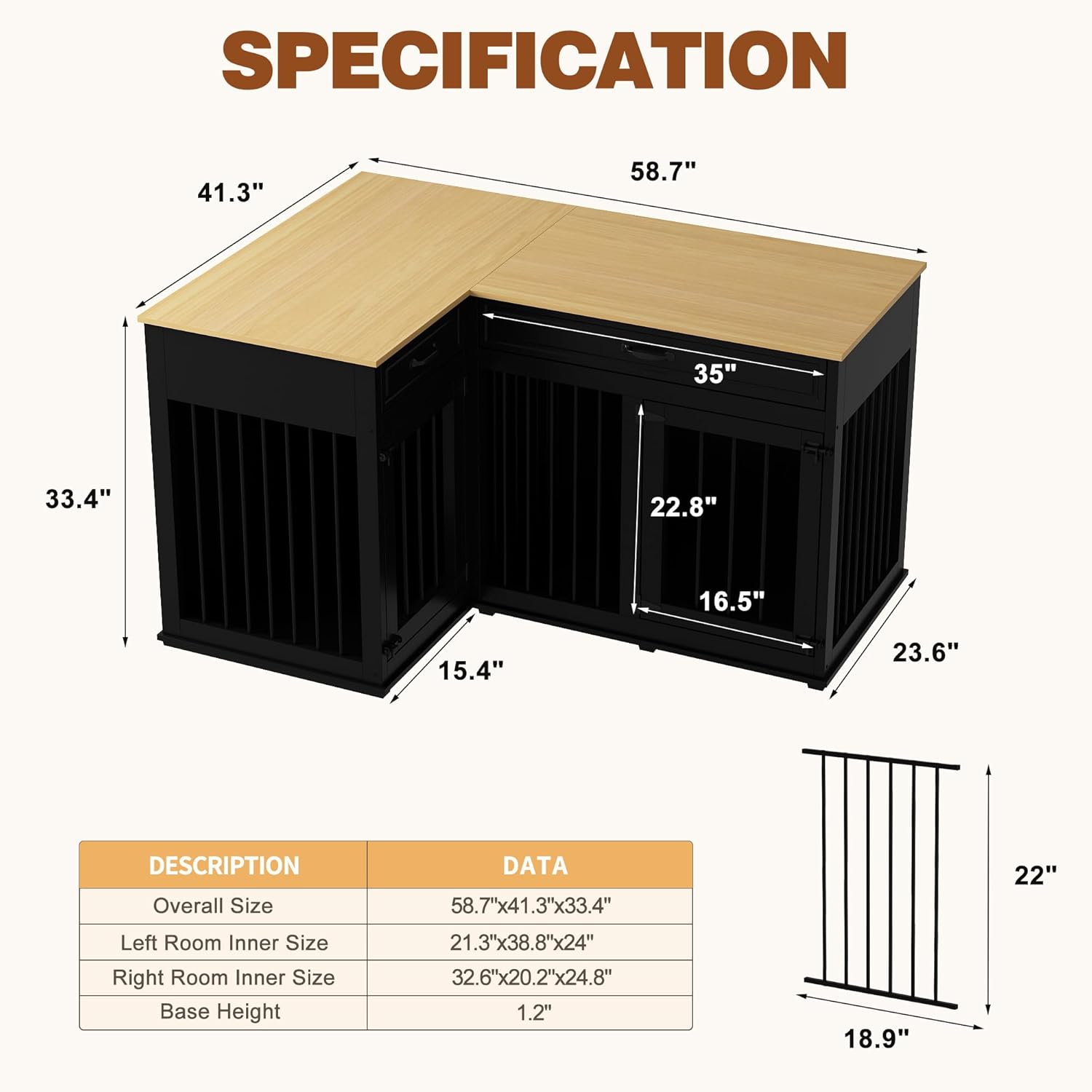 Large Corner Dog Crate Furniture for 2 Dogs, 51" Indoor Wooden Furniture Style Dog Kennel House with Double Rooms, Drawers & Divider for Large & Medium Dogs, Black