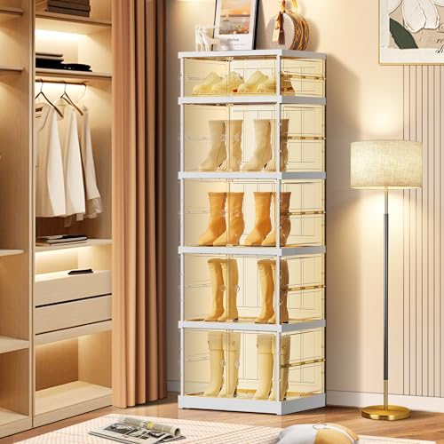 6-Tier Foldable Shoe Rack for Closet Entryway 6-12Pairs,Stackable Clear Shoe Storage Boxes Organizer with Door Plastic Small Shoe Cabinet Bins with Lids Narrow Shoe Shelf Easy Assembly