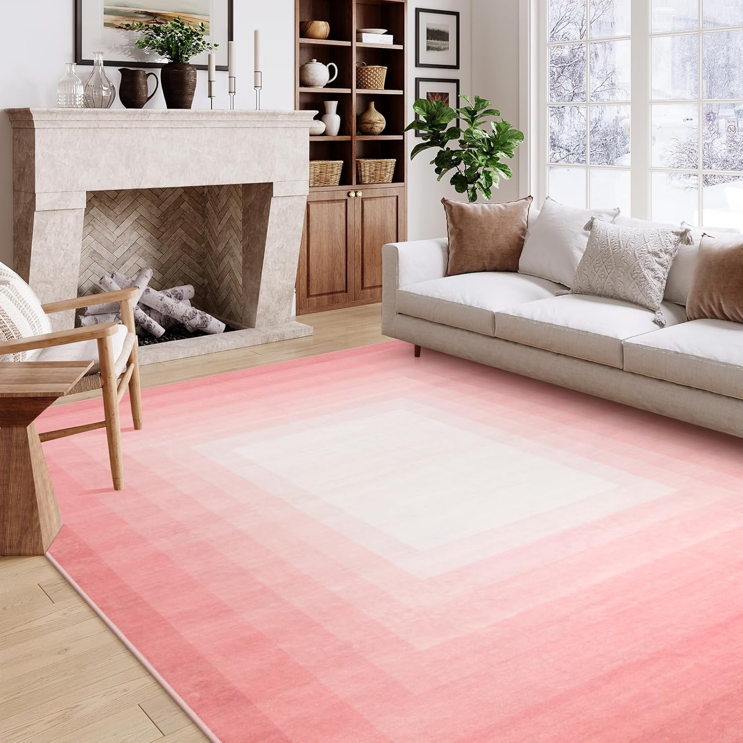 OJIA Pink Washable Rugs 8x10 Large Area Rugs for Living Room, Soft Non Slip Contemporary Neutral Rugs for Bedroom Girls, Modern Non-Shedding Thin Carpet for Under Dining Table Nursery Home Office