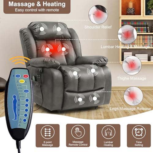 Dual Motor Lay Flat Lift Chairs Recliners for Elderly with Massage and Heat,Infinite Position Overstuffed Wide Power Lift Recliner, Genuine Leather, USB Ports and Remote Controls (Black)