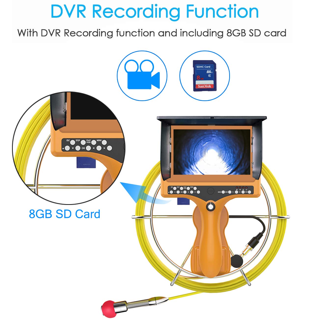 Sewer Camera with Distance Counter, Pipe Inspection Camera Video System IP68 Waterproof Plumbing Snake Drain Sewer Cam Drain Duct Pipe Camera 7TFT Monitor 20M/65ft