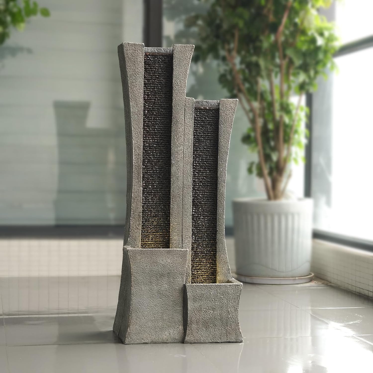 Modern Outdoor Water Fountain Indoor Cascading Floor-Standing Fountains with Led Lights 2-Curved Column Garden Waterfall for Backyard Patio Porch Deck Home 39.76” H