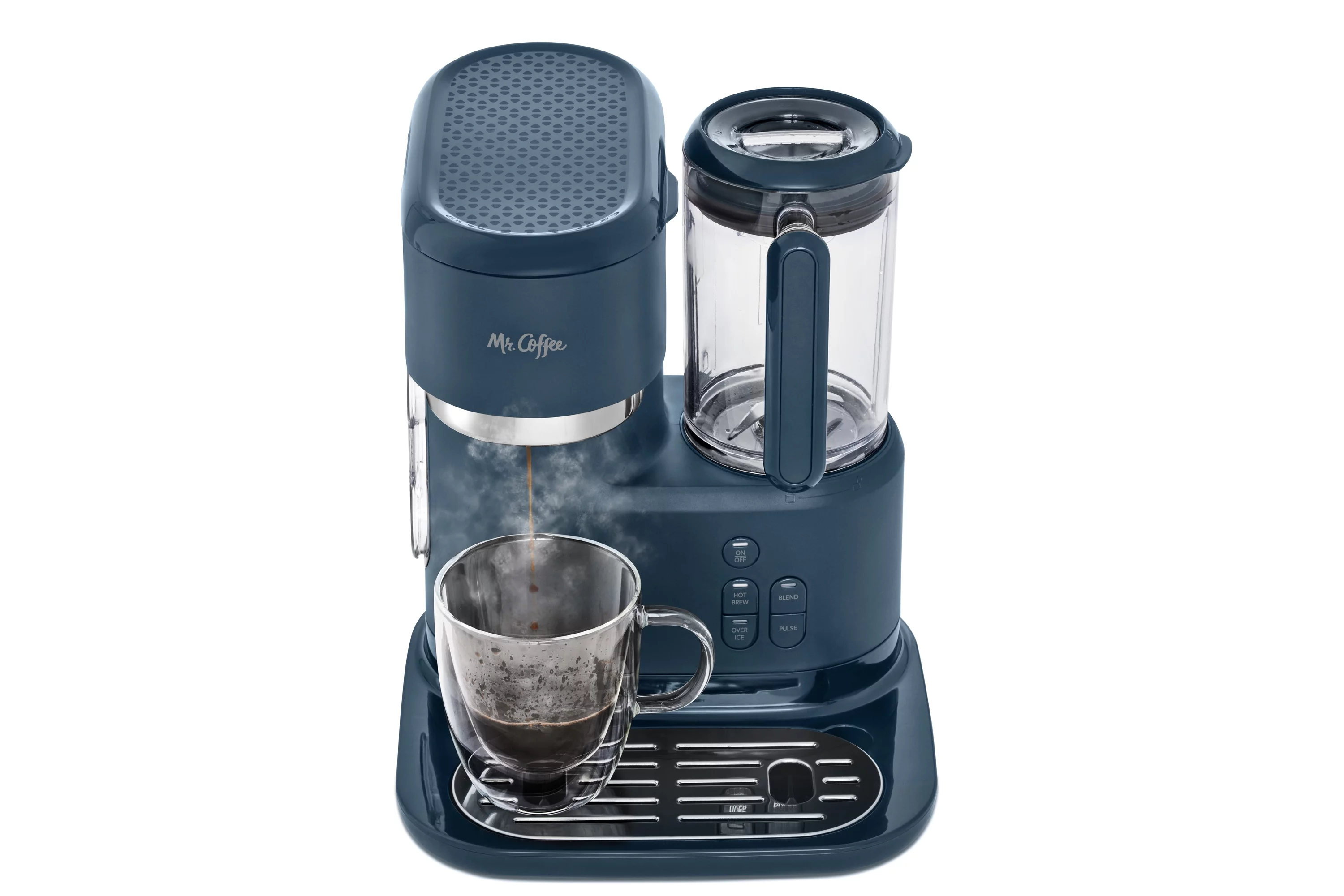 Mr. Coffee Single Serve Frappe, Iced, and Hot Coffee Maker and Blender, Single Serve Iced Coffee Maker with Reusable Tumblers and Coffee Filter, Navy Blue