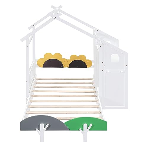 House-Shaped Twin Size Platform Bed with Windmill and Flower Decor, Solid Wood House Bed Kids Bed with Desk and 2 Handles for Girls Boys, Strong Sturdy Slats Support (at-White)