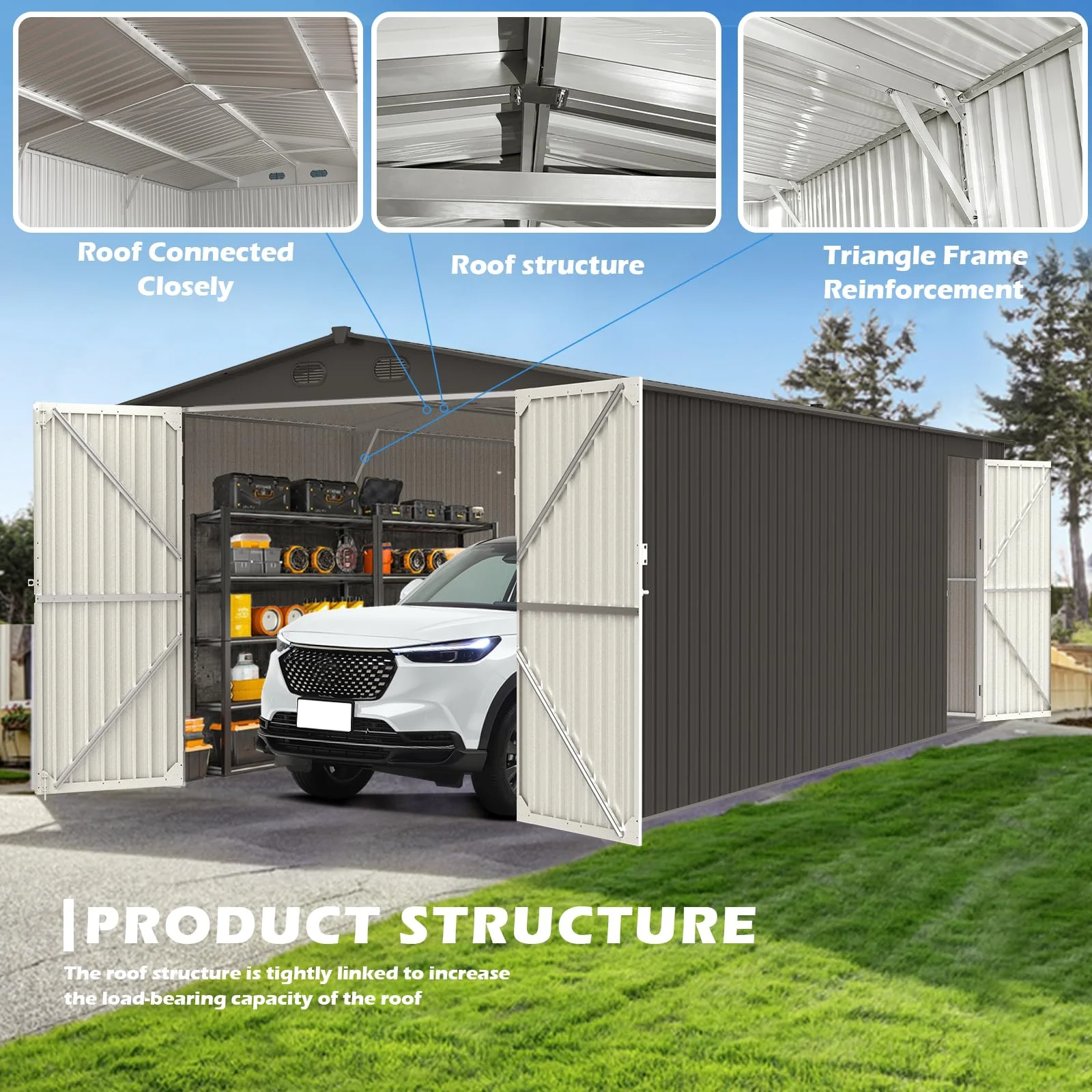 Chery Industrial Car Garage 20x13 ft, Metal Garden Shed Backyard Utility Tool House Building with 2 Doors and 4 Vents for Car