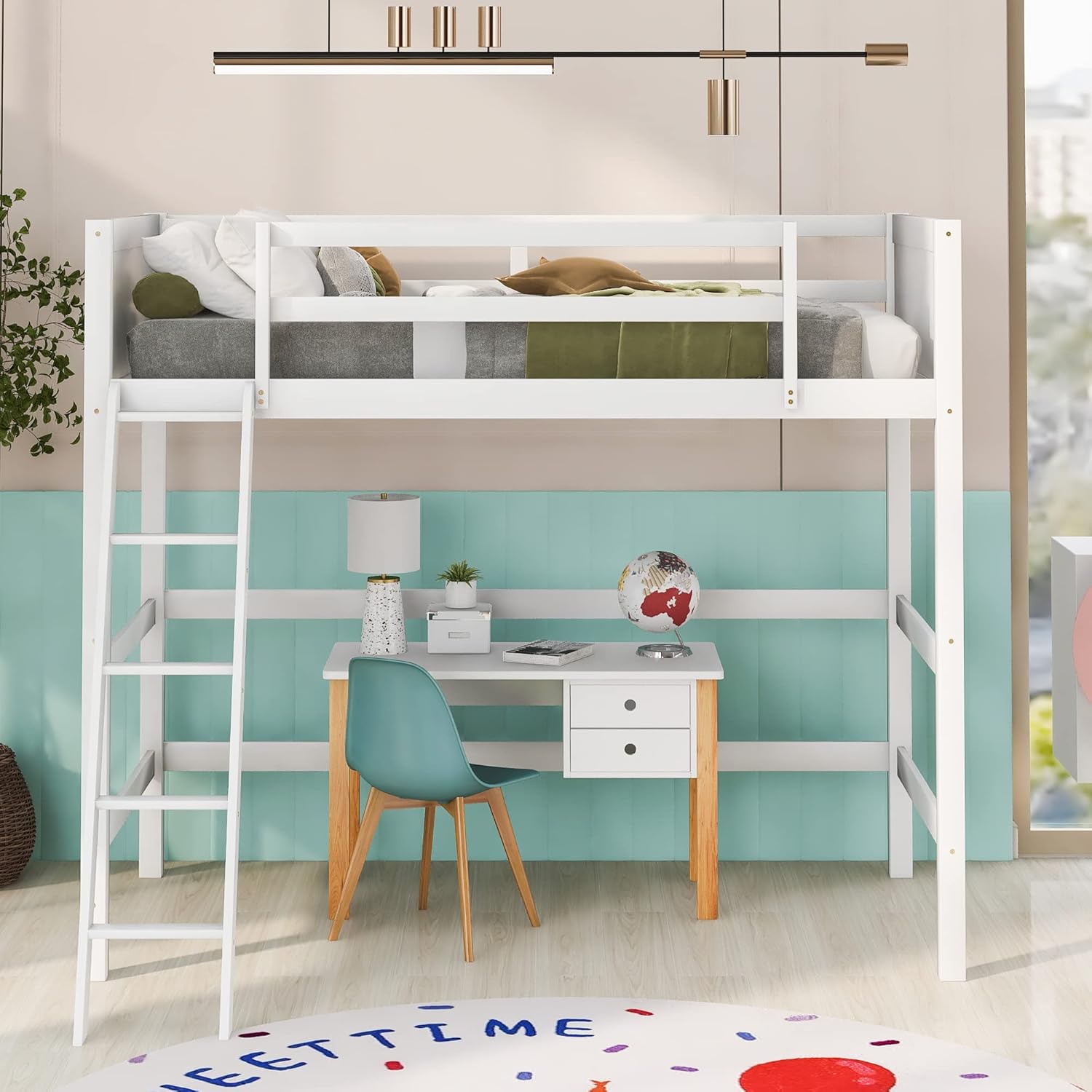 Solid Wood Twin Size Loft Bed with Ladder(White)