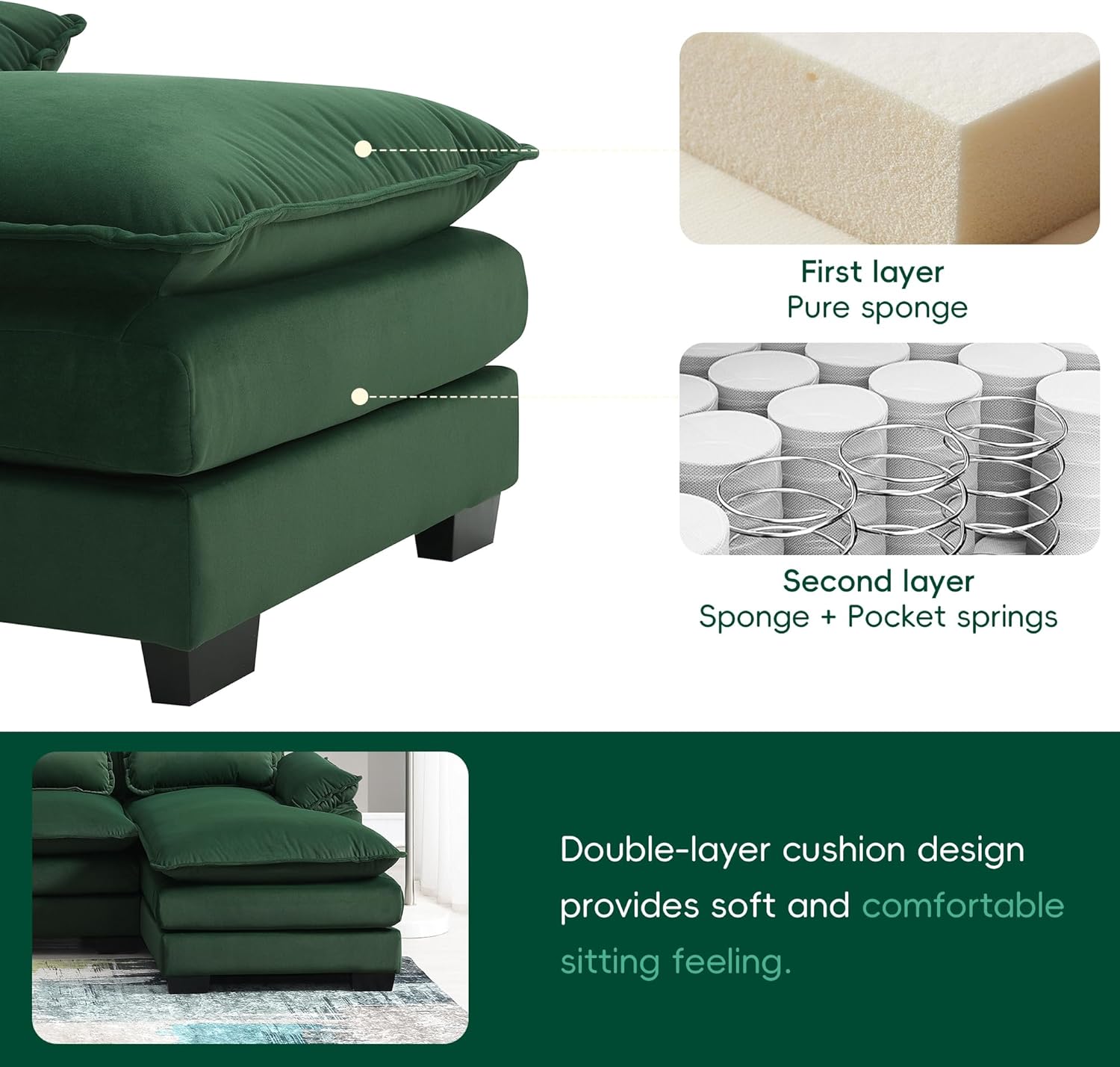 11055" Modern U-Shaped Sectional Waist Pillows,6-seat Upholstered Symmetrical Furniture,Sleeper Sofa Couch with Chaise Lounge for Living Room,Apartment, Green