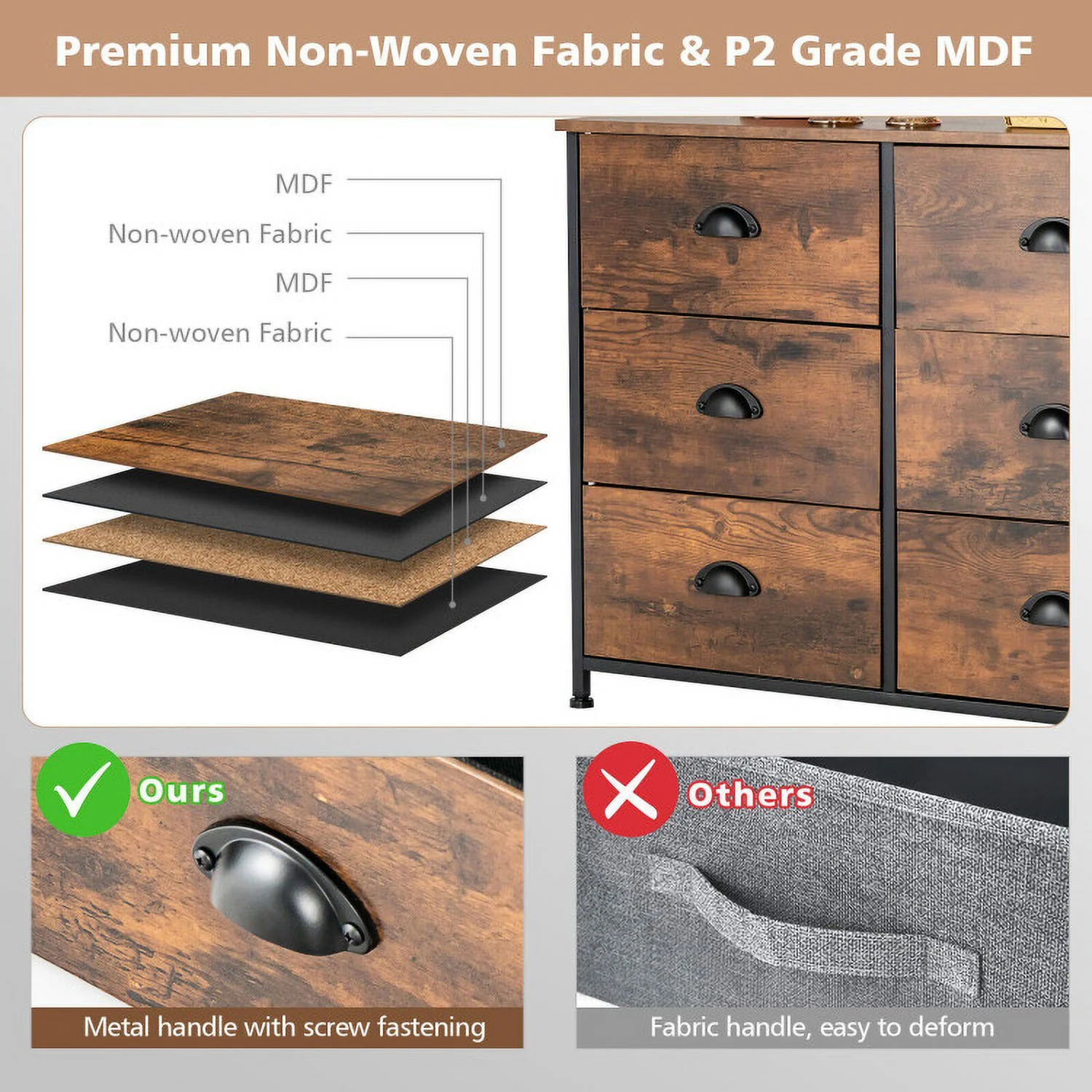 6 Drawer Dresser for Bedroom, Chests of Drawers, Fabric Vertical Dresser Storage Tower, Brown