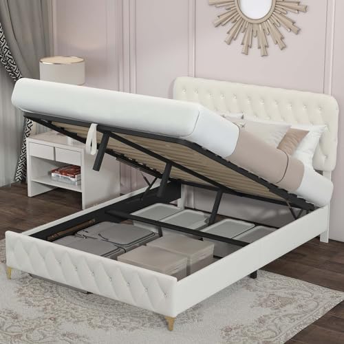 Queen Size Lift Up Bed Frame with Oversized Storage, Velvet Hydraulic Storage Platform Bed with Deep Button Tufted Adjustable Headboard for Bedroom, Grey