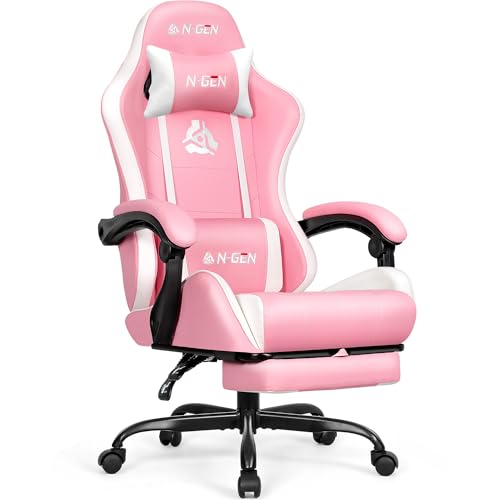 N-GEN Video Gaming Chair with Footrest High Back Ergonomic Comfortable Office Computer Desk with Lumbar Support Height Adjustable with PU Leather Recliner for Adults Women Men (Black)