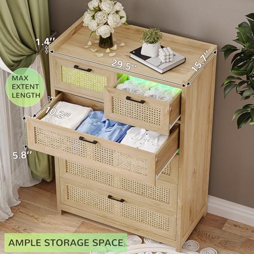 Rattan Dresser for Bedroom with LED Lights, Modern 6 Drawer Dresser with Metal Handles, Wood Storage Chest of Drawers Dresser for Closet, Bedroom, Living Room, Hallway