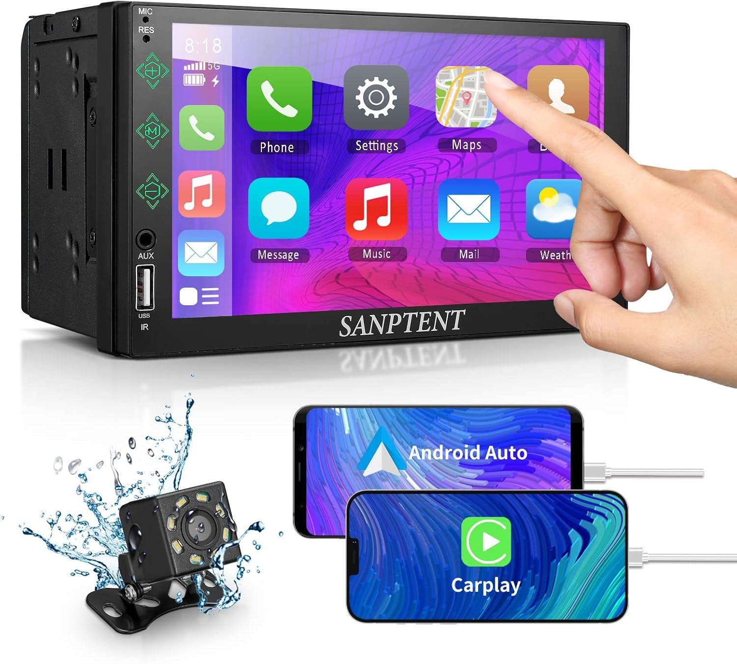 SANPTENT Double Din Car Stereo, 7-Inch Touch Screen, Compatible with iOS Carplay/Android Auto, Mirror Link, Bluetooth, Rear Camera, USB Port, Subwoofer, AM/FM Car Radio Audio Receiver