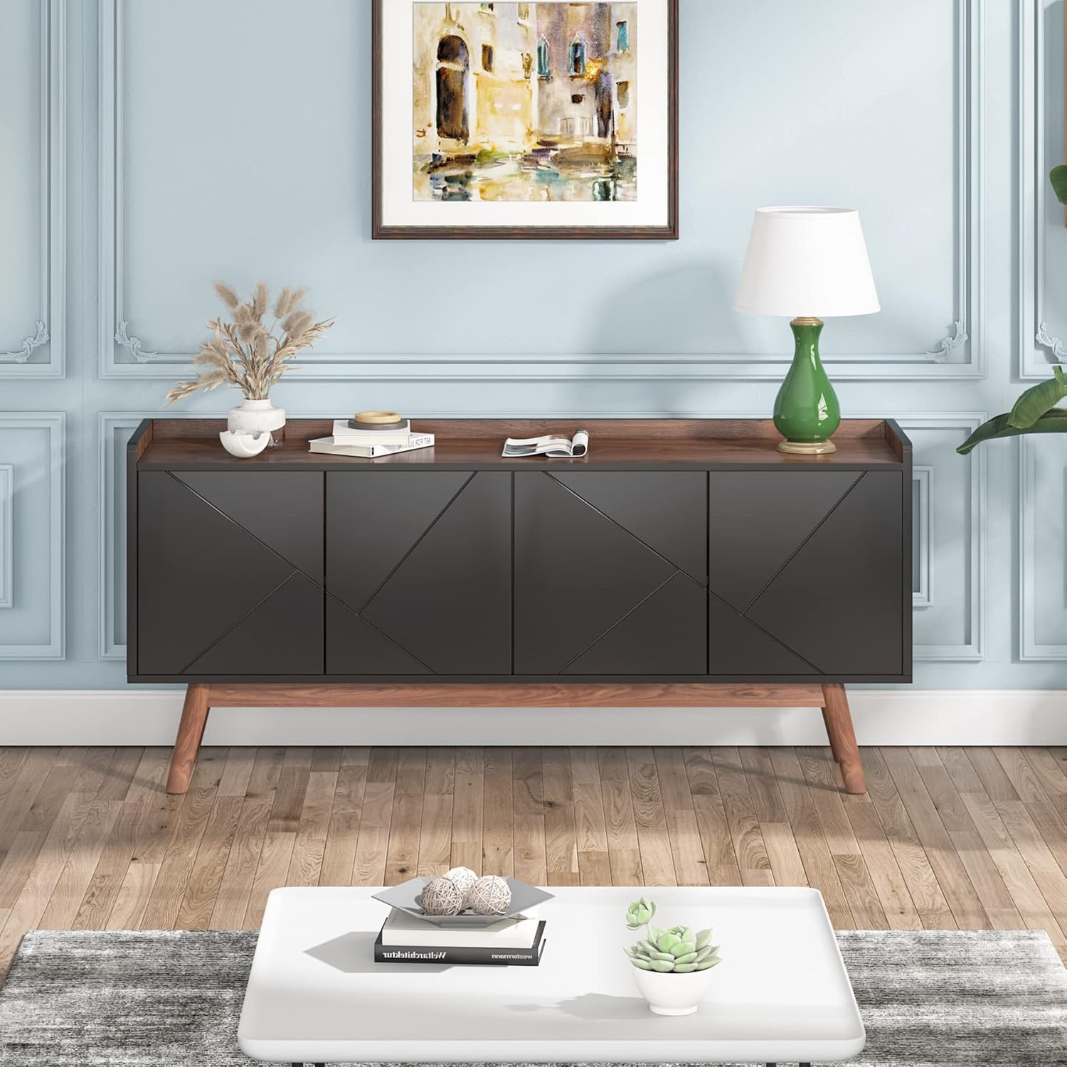 Tribesigns Sideboard Buffet Cabinet with Storage 55" Kitchen Sideboard Cabinet, Wood Coffee Bar Cabinet with Doors, Accent Sideboard Cabinet, Console Table Cabinet for Dining Room Living Room, Black
