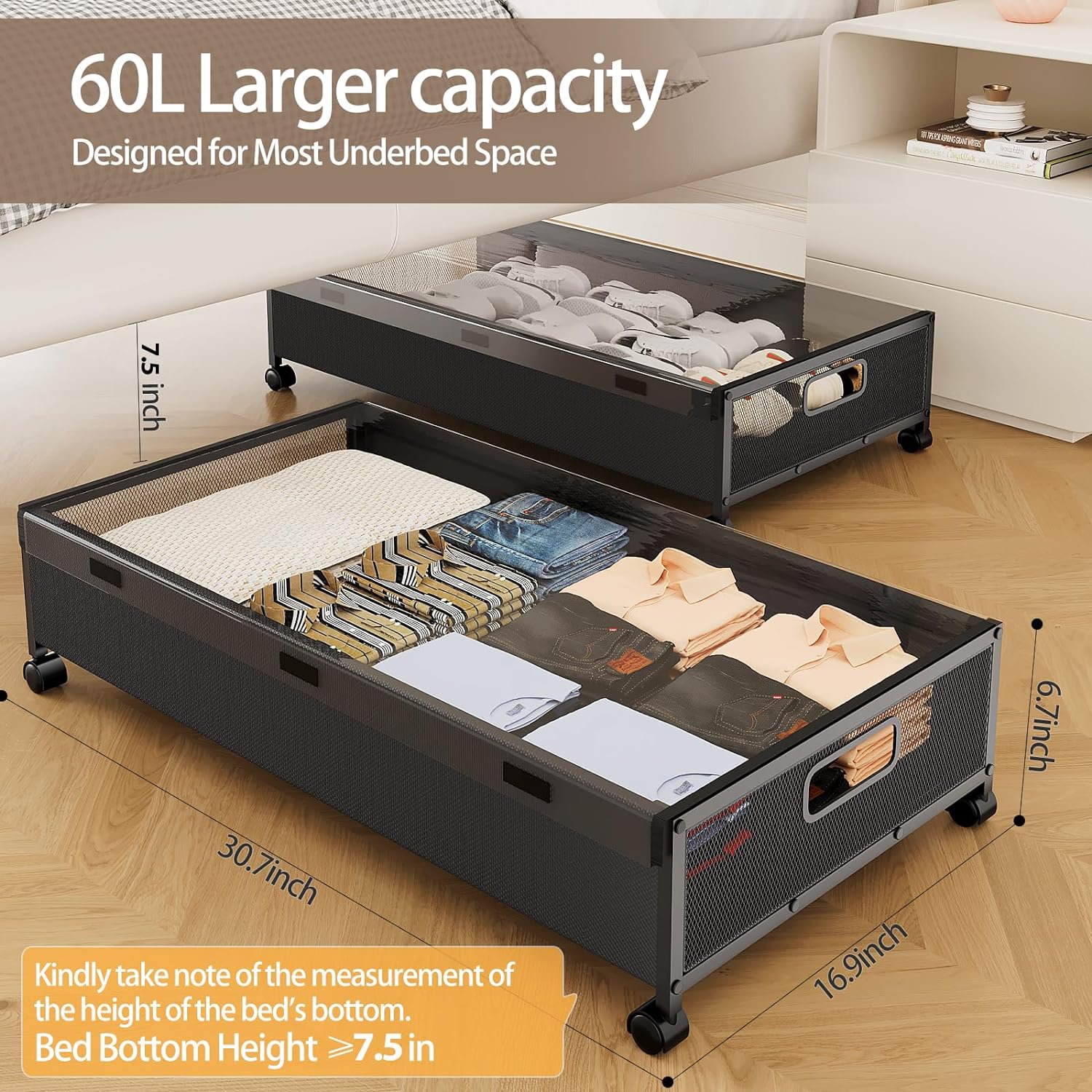 Under Bed Storage with Wheels,2 Pack Under Bed Shoe Storage, Under the Bed Storage Drawers with Remove Window, Extra Large Rolling Under Bed Storage Metal Drawer for Clothes (Black-2 pack)