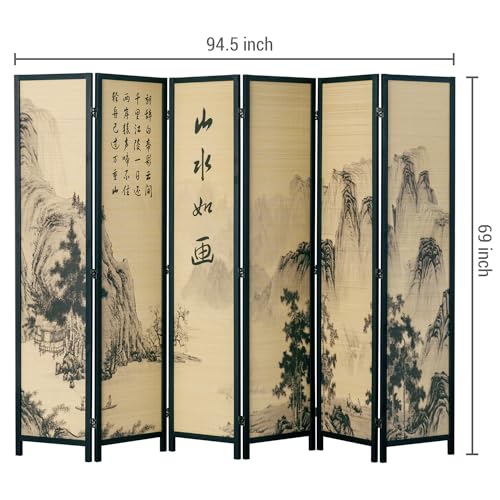 MyGift 4-Panel Folding Bamboo Room Divider Asian-Inspired Cherry Blossom Scene, 6 FT Freestanding Floral Artwork Room Partitioner with Beige Wood Frame