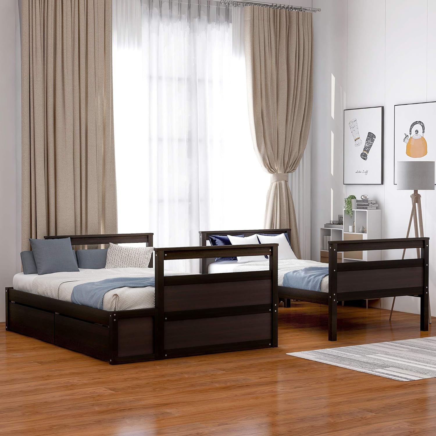 Over Full Bunk Bed With Storage, Wood Bunk Bed Frame With Two Drawer, Safety Guardrail, Ladder, Can Convertible To 2 Separated Beds For Kids, Teens, Adults ( Over Full, Espresso)