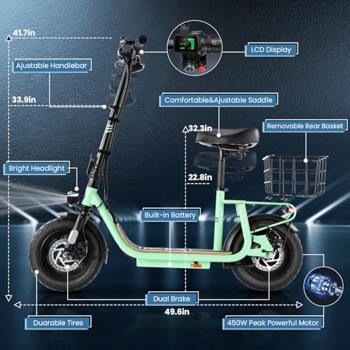 Caroma Peak 800W/1200W Electric Scooter Adults, 30 Miles Max Range, Foldable Electric Scooter with Seat, Front Suspension, Detachable Large Basket,Commuter E-Scooter for Adult and Teens