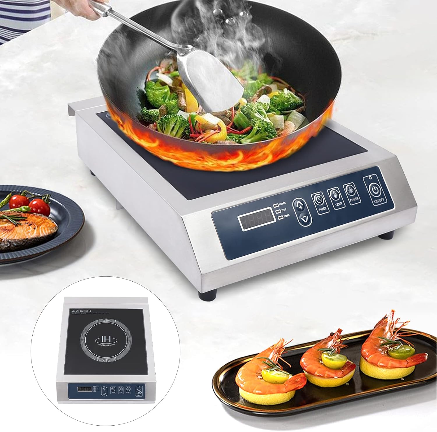 1800W Large Commercial Induction Cooktop, 110V High Power Stainless Steel Housing Professional Single Induction Cooker with 13 Temp Levels & LED Displays and Indicators for Pro Chef