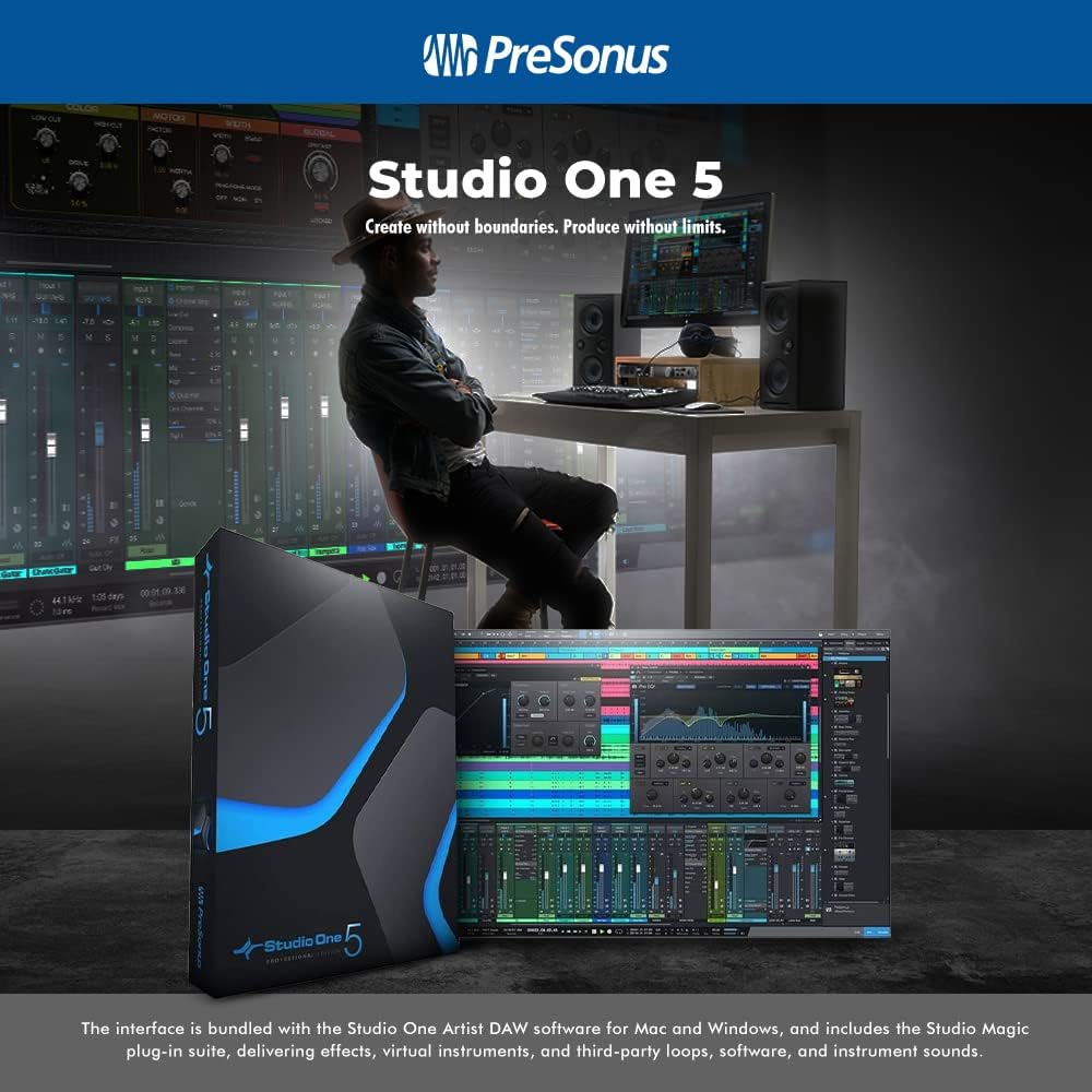 PS PreSonus AudioBox USB 96 2.x USB Audio Interface (25th Anniversary Black) w/Studio One Artist & Studio Magic Recording w/Two Condenser Microphones, Headphones, & More in Accessories Bundle