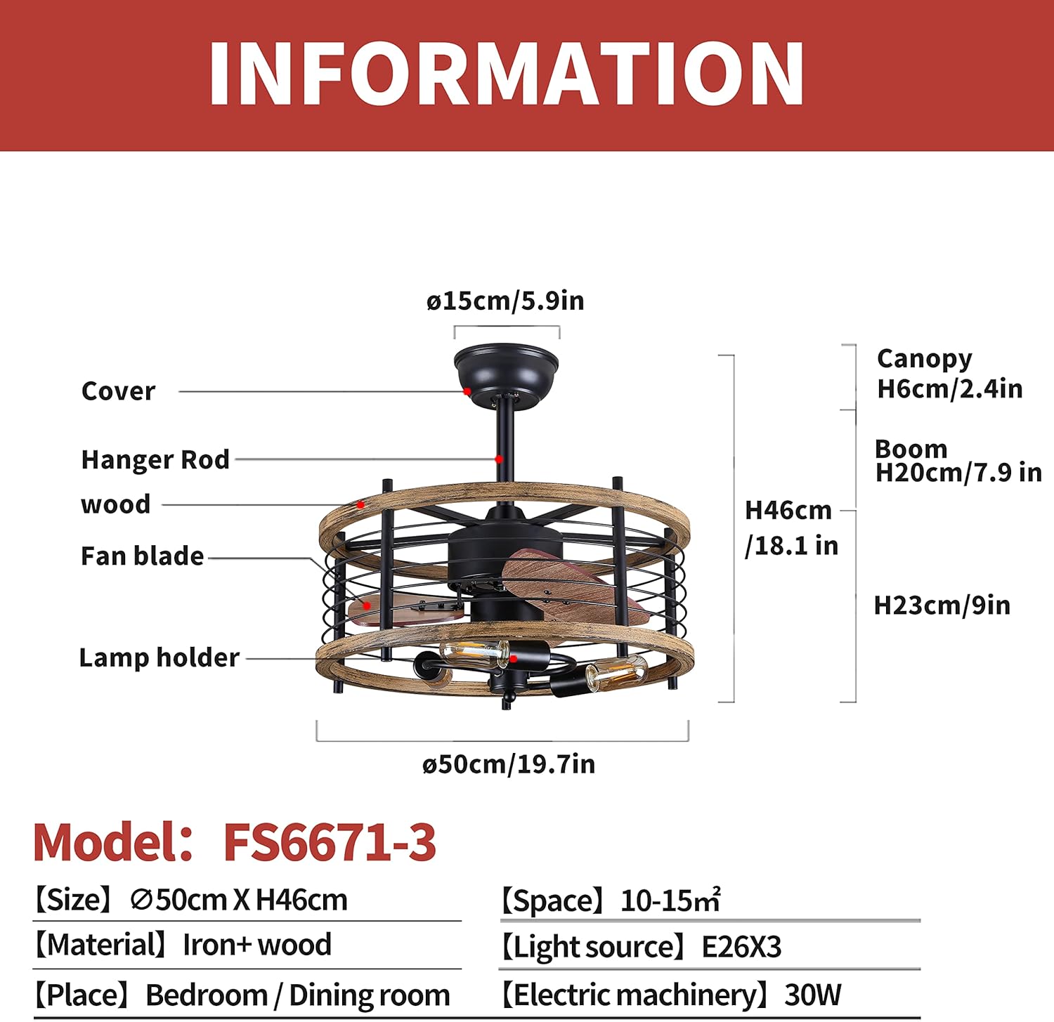 20-inch Industrial Caged Ceiling Fan with Lights Remote Control, Reversible,Modern Enclosed Bladeless Ceiling Fan Indoor, Rustic Vintage Metal Cage Fandelier Ceiling Fan (Mesh,Bulbs Included)