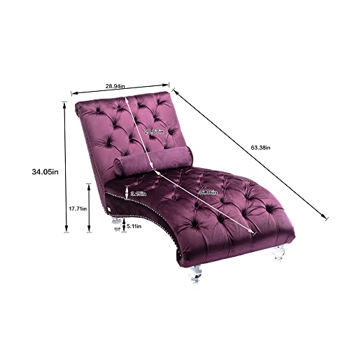 Velvet Chaise Sofa with Lumbar Pillow, Modern Ergonomic Upholstered Concubine Sofa Chair, Comfy Button-Tufted Sleeper Recliner Sofa for Living Room, Bedroom, Balcony, Emerald